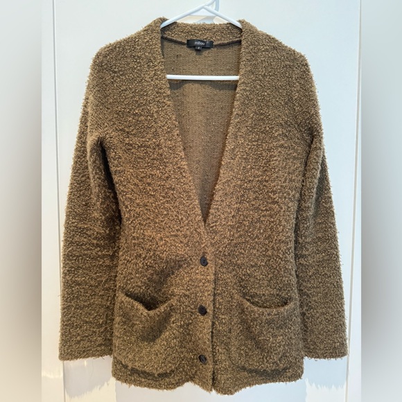 Green boucle cardigan with elbow patches, size small - Picture 1 of 3